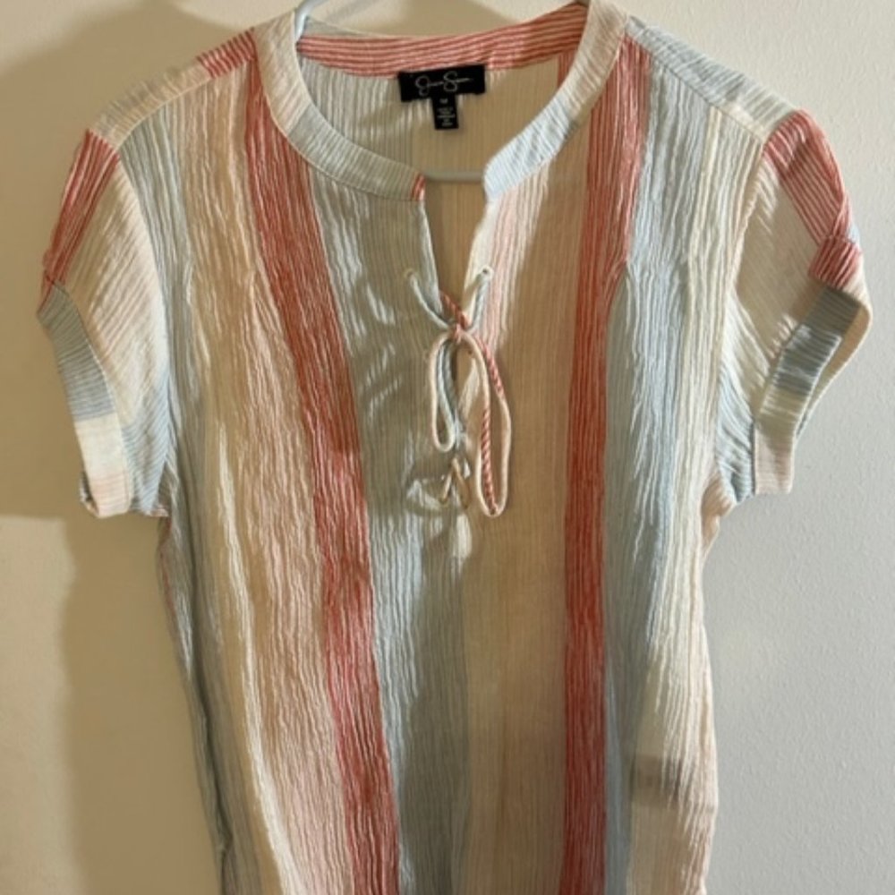 Jessica Simpson Striped pastel linen top with tie up front - Size M